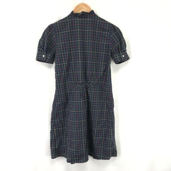 RALPH LAUREN Short Sleeve Frill Shirt Dress Teen 16 Adult XS-S Navy Check Mini Length Spring Summer(USED)