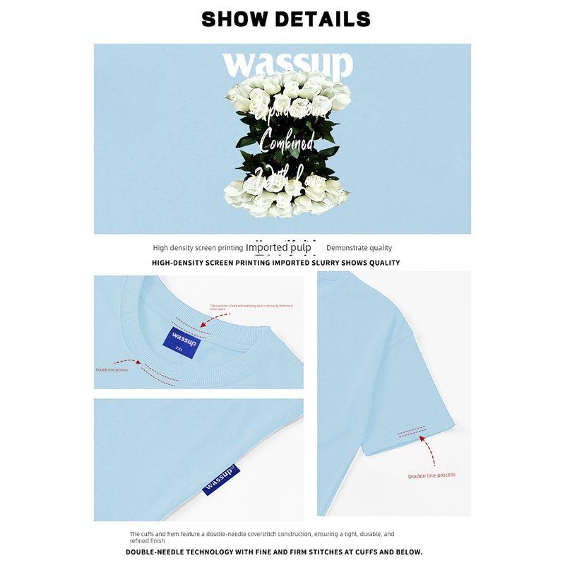 Wassup Rose Letter American Style Short-Sleeve T-Shirt for Men, Summer 24 New Heavyweight Street Couple T-Shirt Top