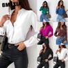 Women's Fashion Casual Solid Color Print Long Sleeve POLO  Neck Blouses & Shirts