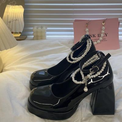 New Pearl Black High Heels Sandals Women's High Heels Mary Jane Shoes Heightening Single Shoes Trend