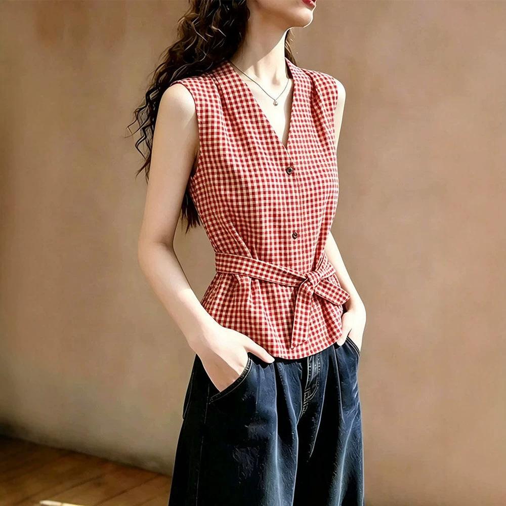 French retro red plaid sleeveless shirt women's summer new V-neck lace-up waist short-sleeved top A