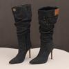 Grey Blue Women Knee High Boots High Stiletto Heel Big Size 50