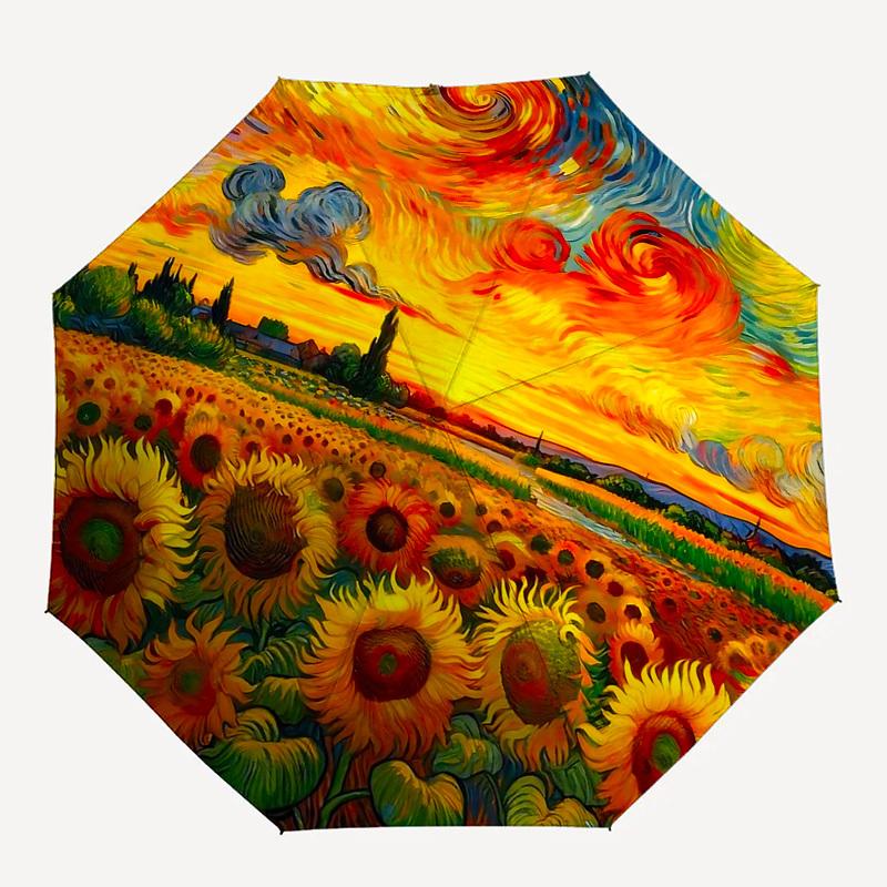 1pc Sunflower Field Automatic Folding Umbrella, Portable 3-Fold Design, 8-Bone Iron Frame Outdoor Umbrella, Ideal Gift for Fans, Travelers, Daily Use,