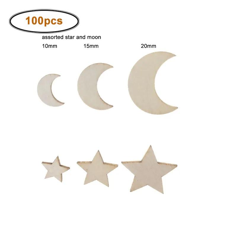 

100pcs/lot 10mm/15mm/20mm Mixed Wooden Cutouts Blank Star Moon Shape Wood Slices for Christmas Wedding Valentine Home Decor