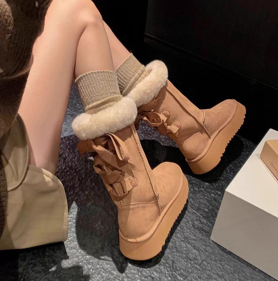 

Henan Sangpo Village new snow boots warm women s shoes heightened thick-soled fairy ribbon high boots 40 малиновий