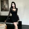 Pure Desire Style Black Neck Hollow Hip Skirt Lace Splicing Horn Long Sleeve Slim Fit Waist Tight Short Dress