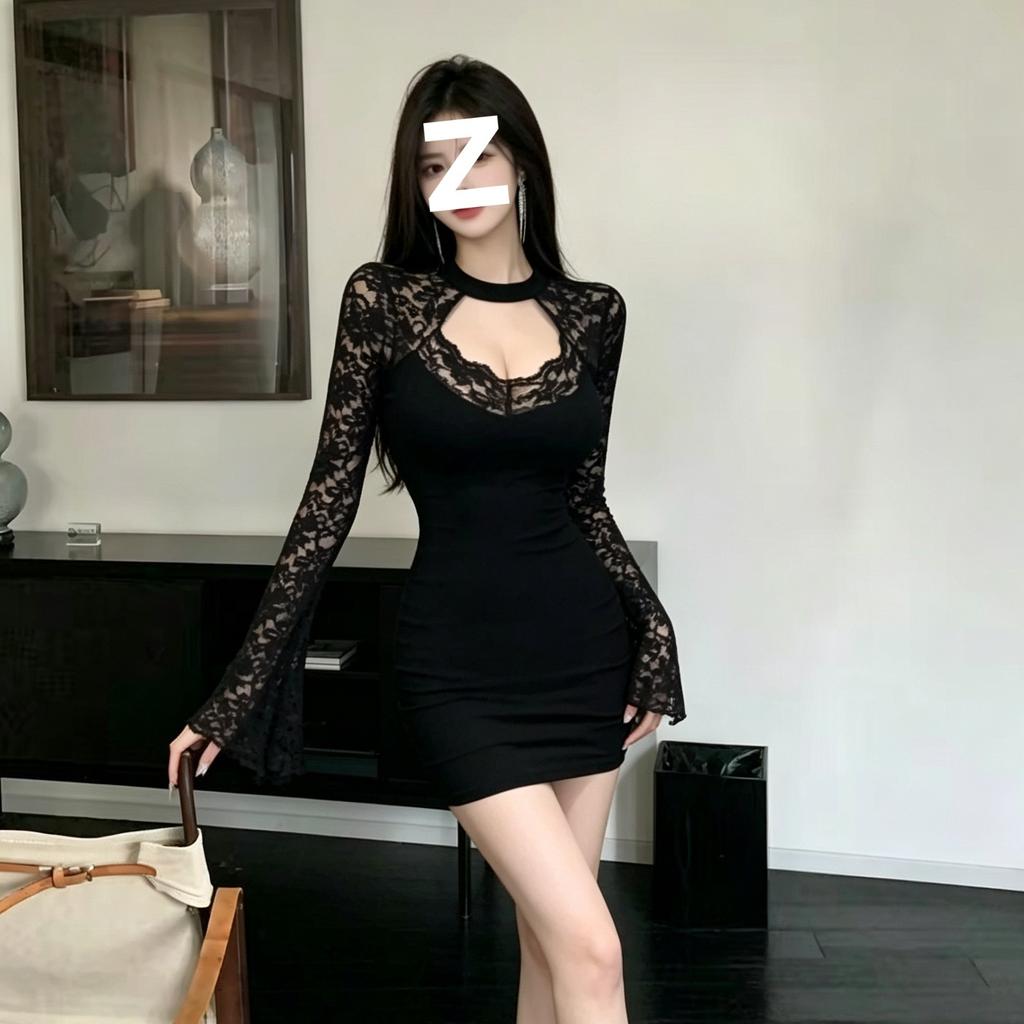 Pure Desire Style Black Neck Hollow Hip Skirt Lace Splicing Horn Long Sleeve Slim Fit Waist Tight Short Dress