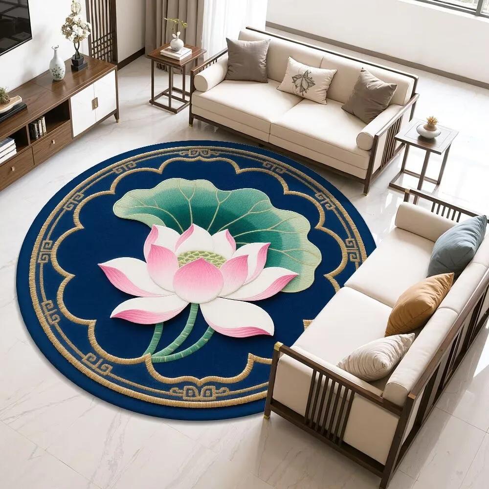 Lotus-Round Rug – Easy-Clean Meditation  Living Room Decor Rug with Chinese Floral Motif