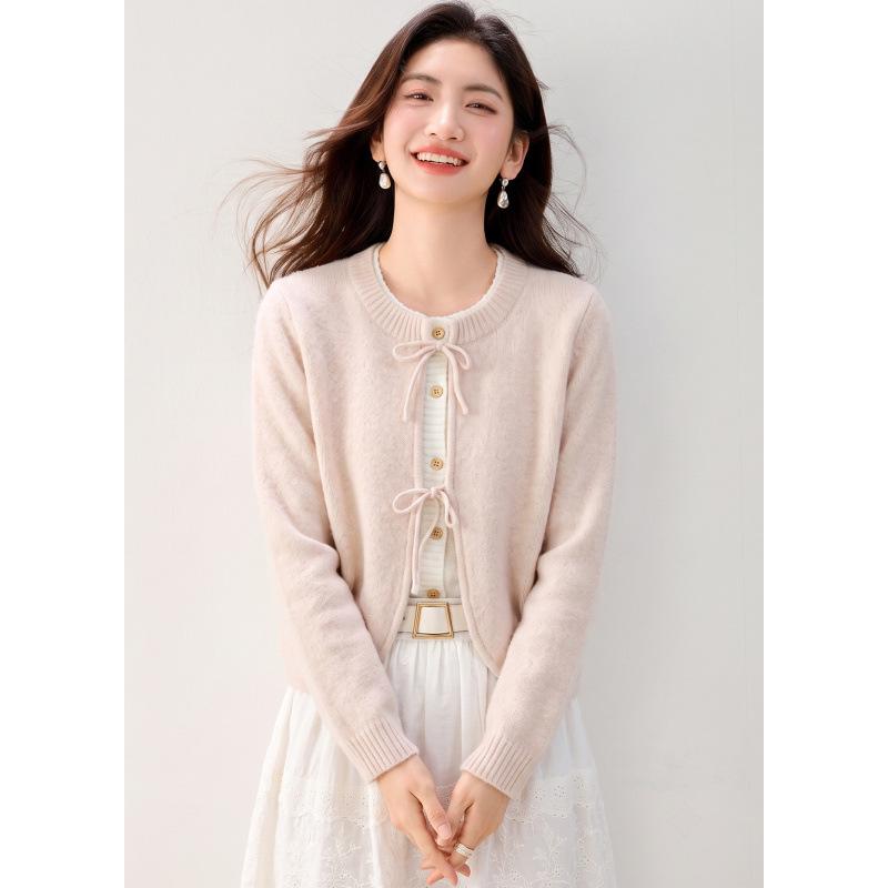 Pink Patchwork Bow Tie Knit Sweater for Autumn/Winter 2026