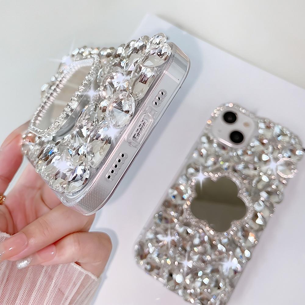 Glitter Rhinestone Phone Case with Mirror For iPhone 17 16 15 14 13 12 11 Pro Max Air mini 16e 8 7 Plus X XS XR SE 2020, Sparkly Crystal Diamond Cover