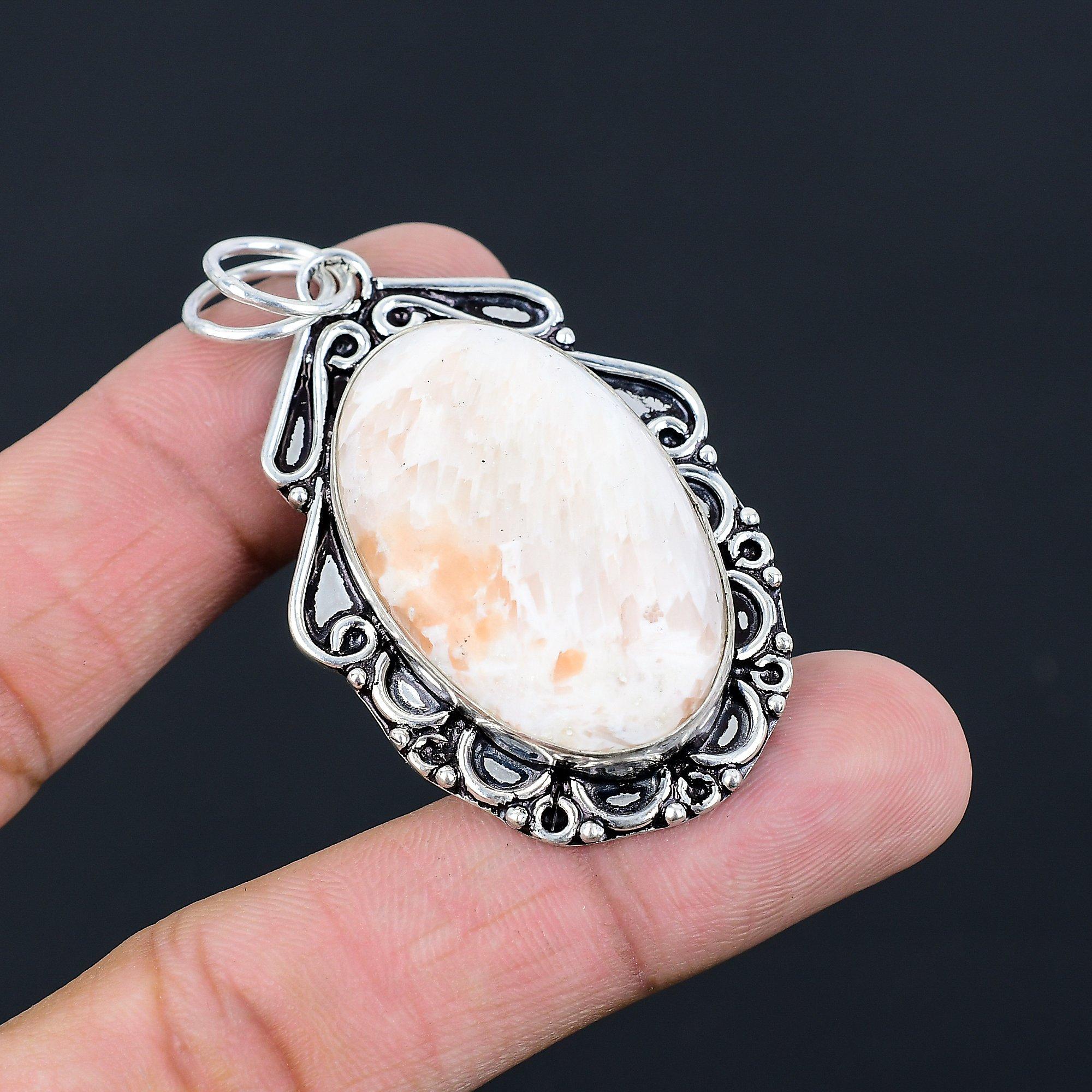 Овальный камень сколецит Корона Чакры Уникальный Жена Новый Кулон 925 стерлингового серебра