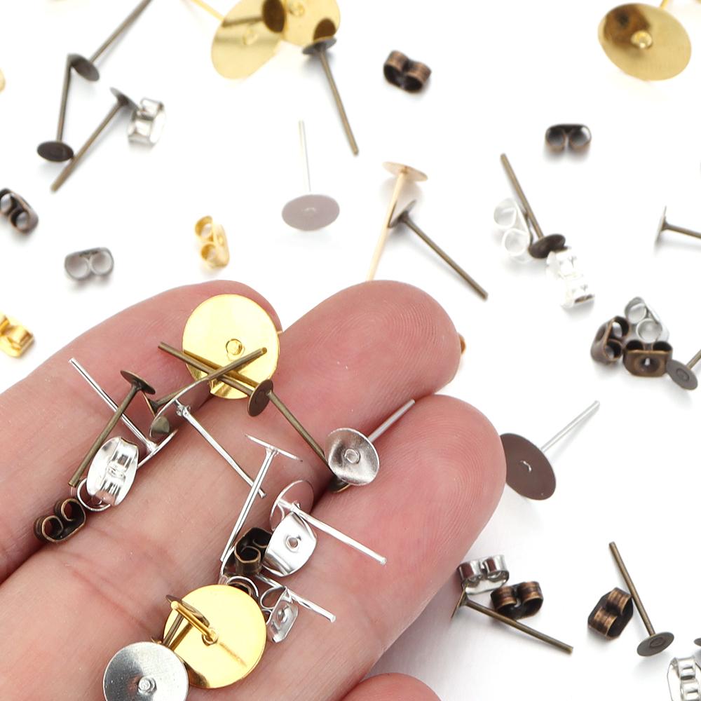 100-200pcs/lot Metal Blank Post Earring Studs Base Pins With Earring Plug Earring Base Tray For Jewelry Making DIY Earring