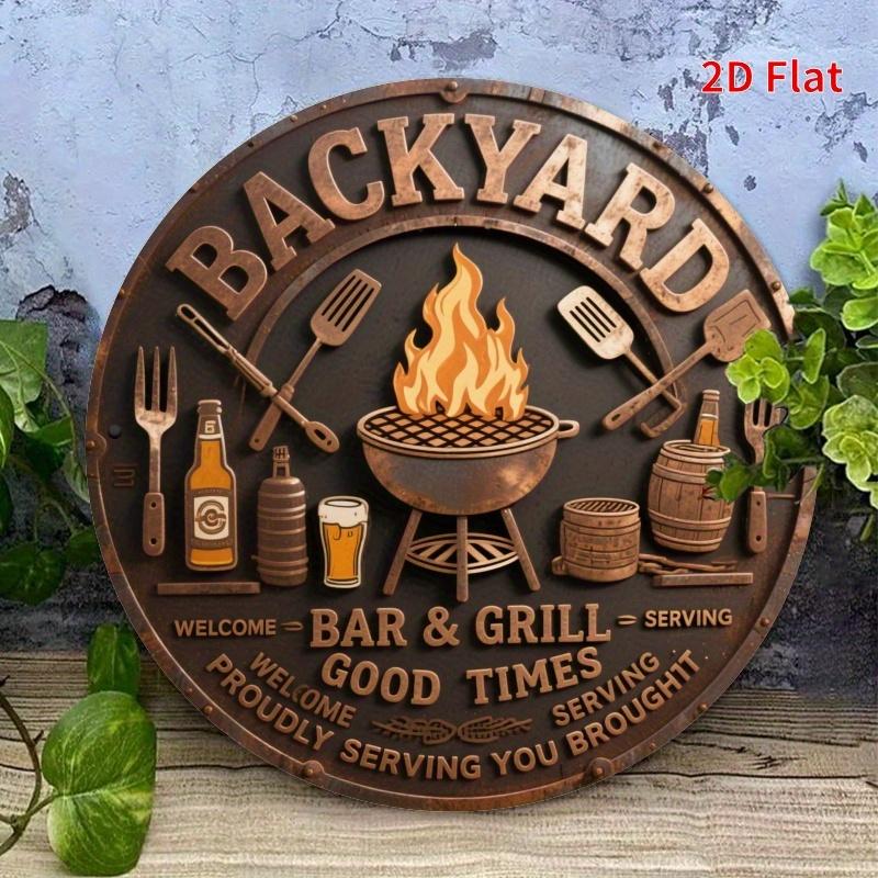 Hisun Tin Sign Retro Backyard Bar Sign Round Aluminum Wall Decor with Grill Scene for Terrace or Office