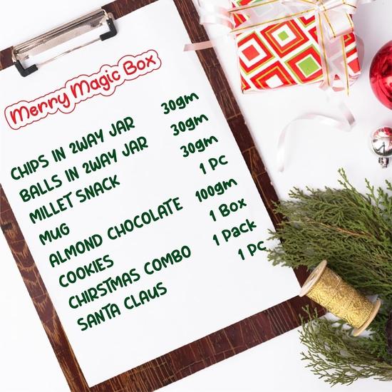 Healthy Master Merry Magic Box of 8 | Premium Weihnachtsgeschenkbox | Knusprige Chips, Hirsebällchen, Hirse-Snacks, Tasse, Mandelschokolade, Kekse