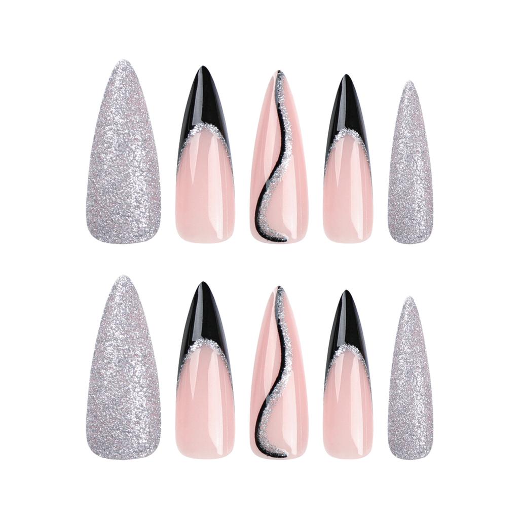 24 Pieces European and American Long Pointed Nail Nail Patch Solid Color Silver Glitter Wearing Nail French Black Line Nail Piece