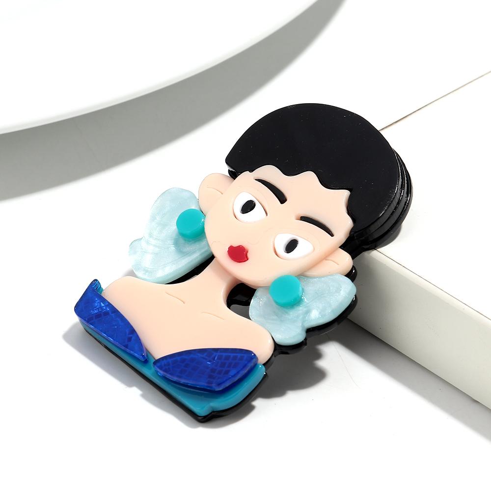New Cute Girl Figure Acrylic Brooches for Women Blue Spliced Handmade Lady Bag Badges and Pins Jewelry Clothing Accessories Gift