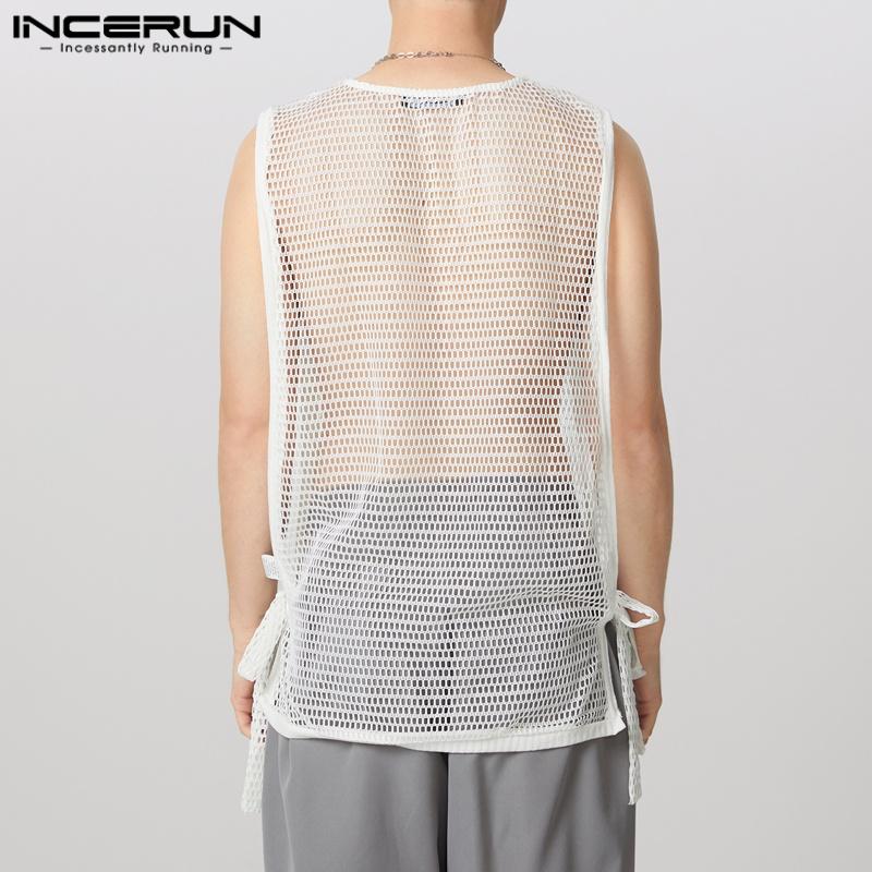 INCERUN Men Sleeveless Side Split Lace-up Hollow Long See Through Tank Tops