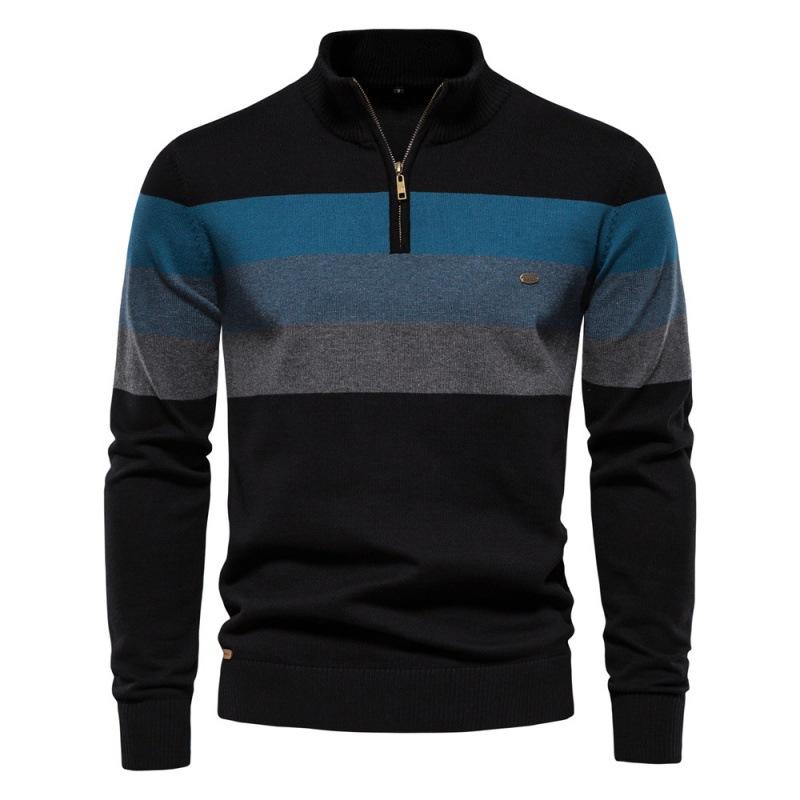 Fashion Foreign Trade Autumn And Winter Men'S Clothing Half Zipper Men'S Sweater Pullover Striped Splicing Knitted Sweater