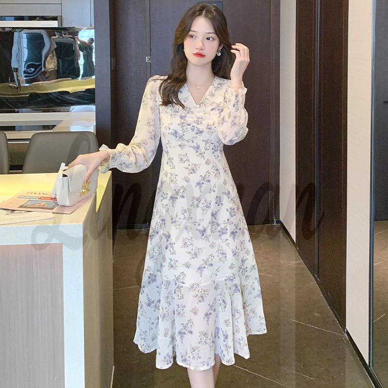 New Floral V-Neck Chiffon Long Sleeve Maxi Dress M