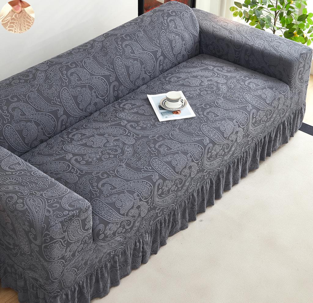 Non-slip Stretch Couch Cover 1/2/3/4 Seater Jacquard Solid Color Sofa Cover With Skirt for Bedroom Office Living Room Home Decor