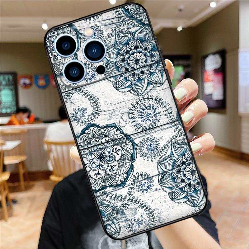 Mandala Wood Floral Phone Case For iPhone 11 12 13 14 16 15 Pro Max Mini XS X XR 7 8 Plus Soft Cover Shell