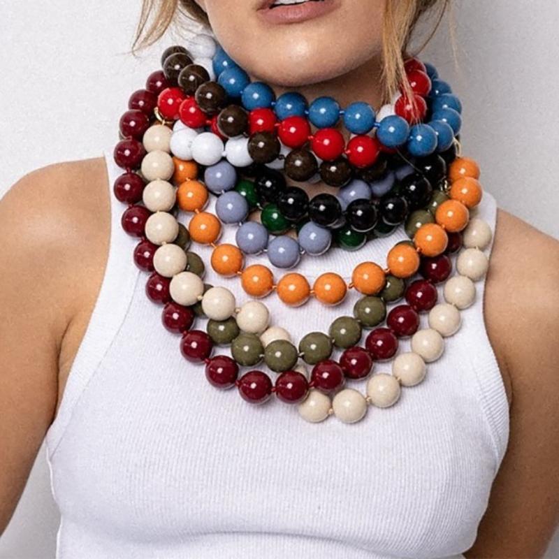 Vintage Bunter Runder Perlenhalskette, Große Größe, Acrylperle, Böhmischer Stil Handgeknüpft Damen Halskette, Schmuck Geschenk