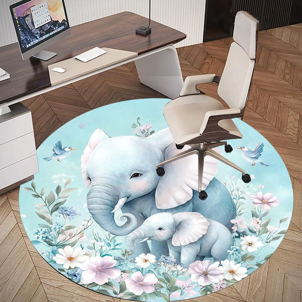1PC Elephant Family Flowers Office Round Area Rug, Under Office Chairs Bedroom Living Room Home Decor, Carpet for Office -1110080