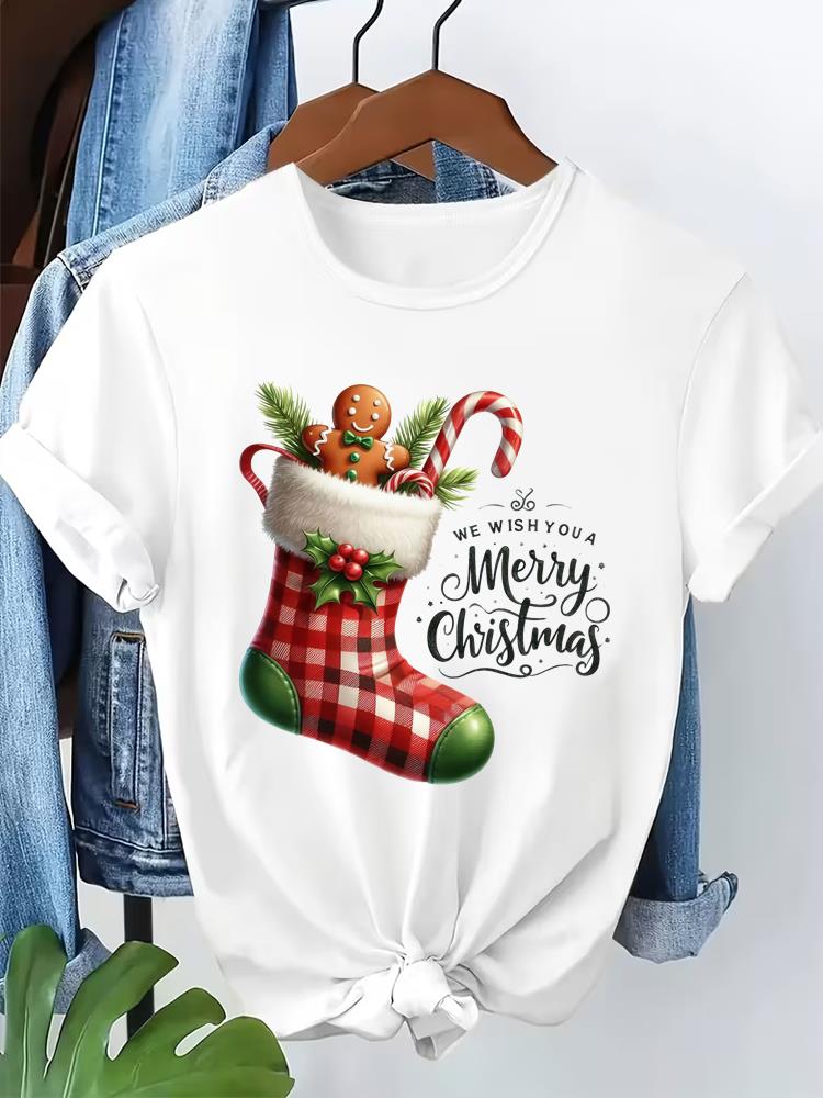 (Asian Size) tree cute style T Shirt Print Fashion Merry Christmas Women's Top Short Sleeve T-shirts O-neck Casual New Year Clothing Graphic Tee