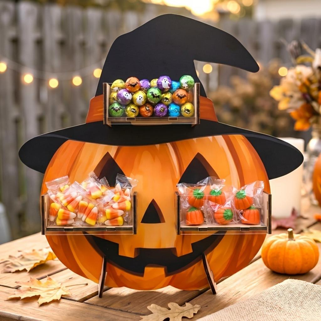 Halloween Wooden Pumpkin Candy Display Stand, Holiday Festive Wooden Candy Holder Tabletop Decor