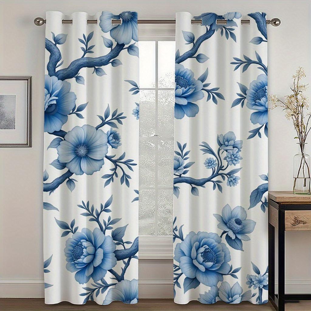 Blue Floral Branch Pattern Curtains Polyester Fabric Suitable Bedroom Living Room Decoration Set Of 2 Made Machine Washable Sitting Decor