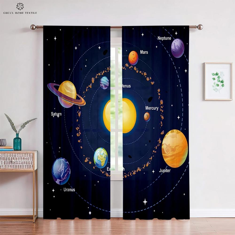 Custom Cartoon Animation Window Drapes, Universe Star Pattern, Bedroom, Living Room, Kitchen Decorative Curtains, 2 Pieces