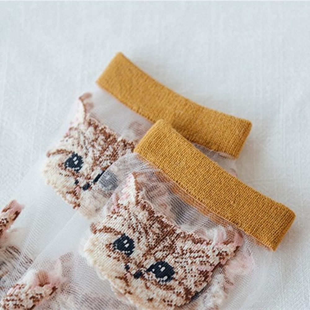 Calcetines cortos de encaje con estampado de gato de dibujos animados bonitos para mujer, calcetines de seda de cristal transparentes ultrafinos de verano, calcetines elásticos informales y transpirables