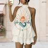 Women Plus Size Halter Backless Fake Two Piece Dress Sun Wave Heartbeat Element Print Mini Dress