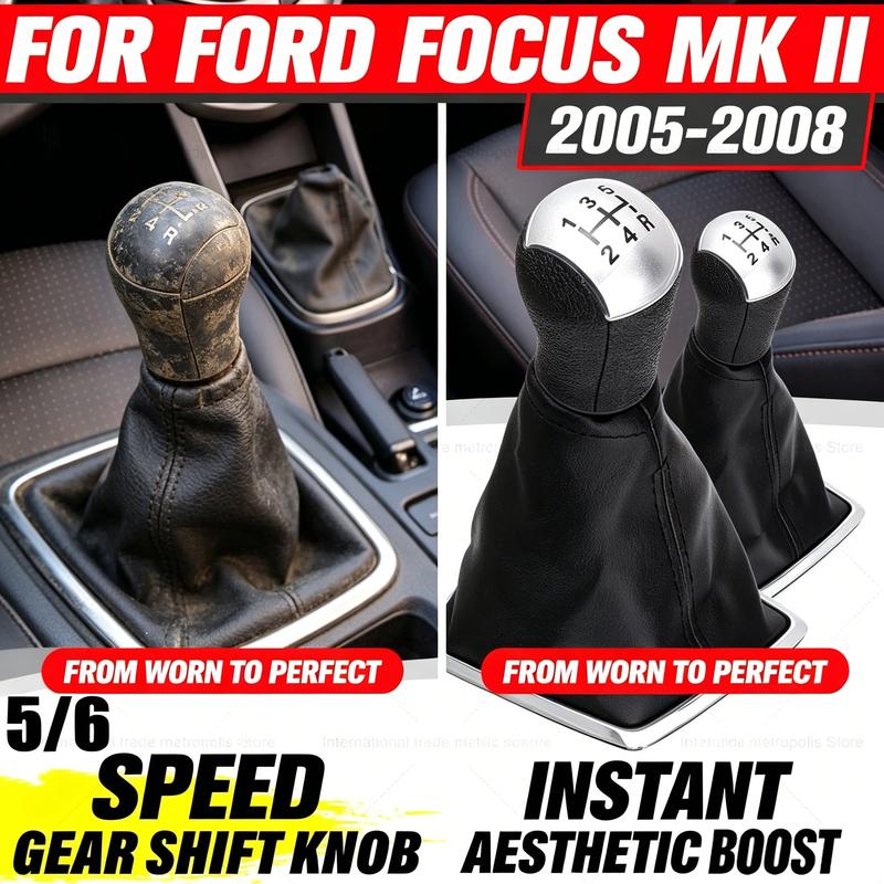 For Ford Focus 2 2005-2008 Gear Shift Knob + Gaiter Boot - Manual Shifter Lever Cover, PU Leather Anti-Worn Interior Accessory