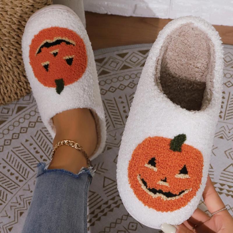 Fashion Cartoon Pumpkin Cotton Slippers for Women Indoor Non Slip Warm Plush Woman Halloween Casual Designer Cotton Slides Female