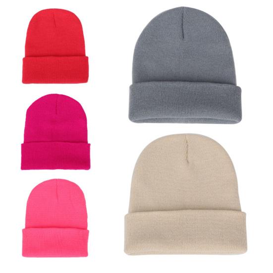 Men Women Solid Color Warm Woolen Knitted Cap Fluorescent Cuffed Beanie Hat