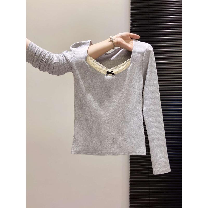 Square collar top Skinny Spice Girl inner bottoming shirt Autumn lace long-sleeved knitted shirt Women's sweater