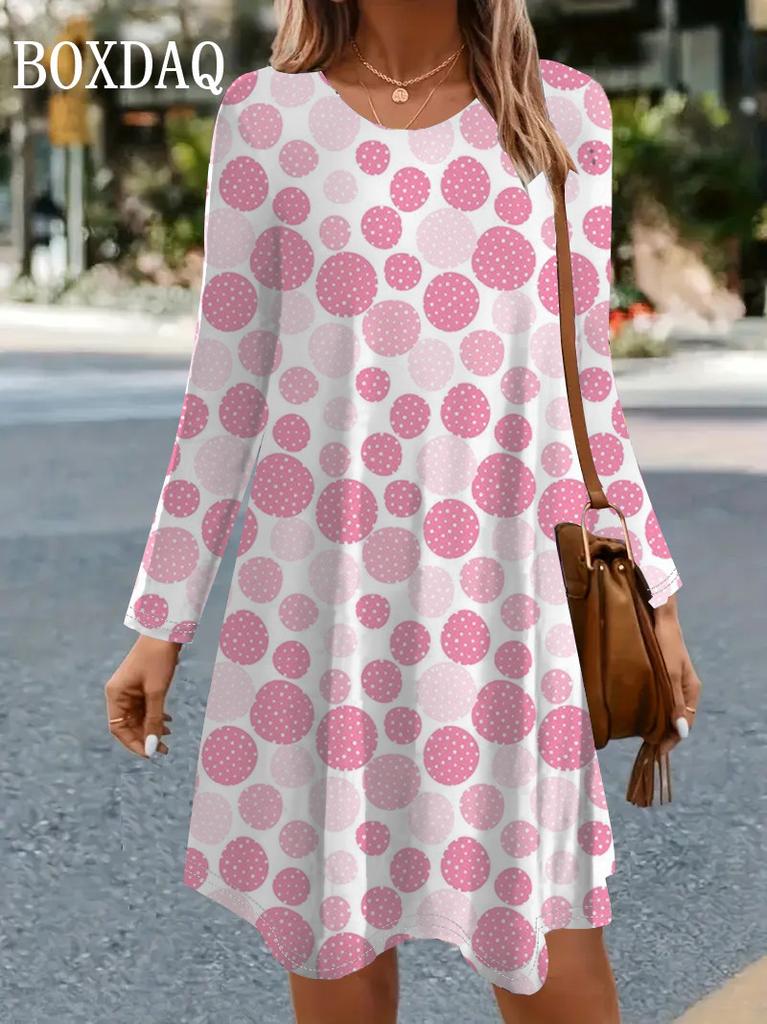Autumn Lady Casual Loose Mini Dress Women Fashion Sweet Dot Printed Long Sleeve Dress Elegant Party A-Line Dresses
