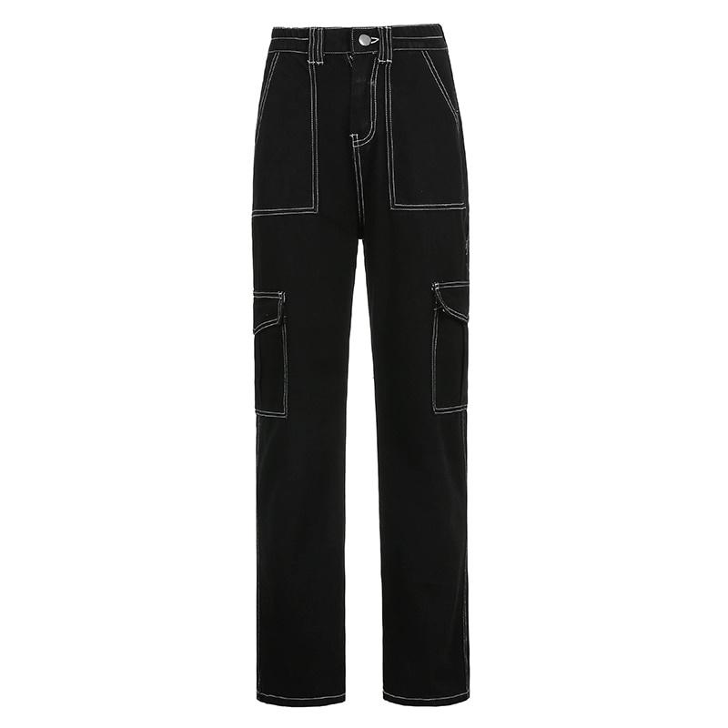Pantaloni Cargo Streetwear Urbani, Pantaloni a Gamba Dritta Larghi a Vita Alta con Tasche Multiple, Jeans Neri Casual da Donna