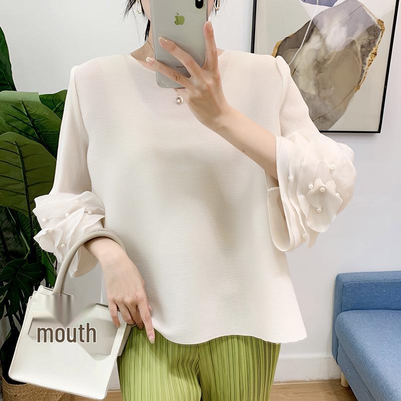 Damen Plissee Oberteil mit ausgestellten Ärmeln und Perlen-Rundhalsausschnitt