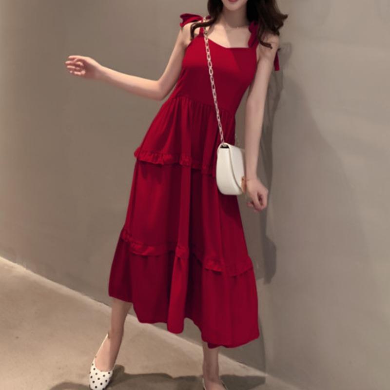 Sommer Neu Einfarbig Krawatte Schleife Sexy Träger Kleid Damen Retro Hohe Taille A-Linie Lässig Locker Lange Kleider Damen Mode Slim Fit Rüschen Elegantes Kleid 26371