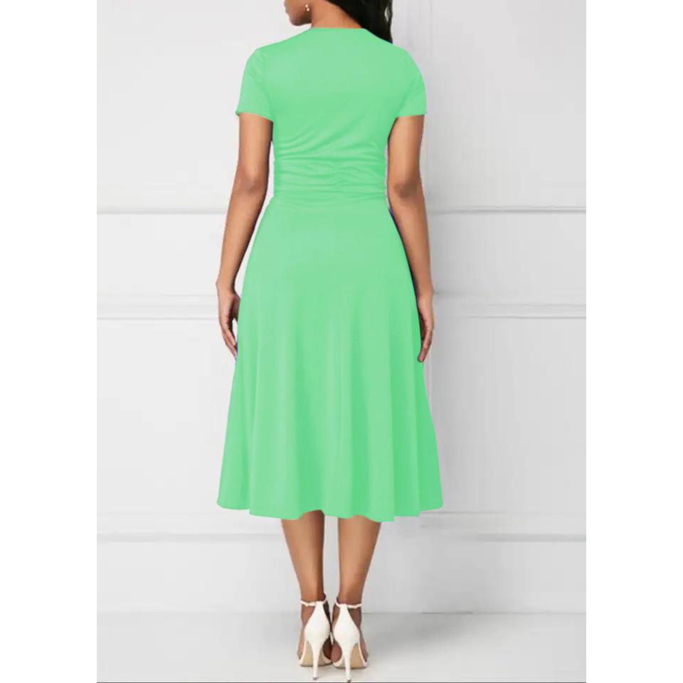 Summer Dresses Elegant Women Solid Color Short Sleeve V Neck Asymmetric Hem Waist Tight Midi Party Dress Ladies Evening Vestidos