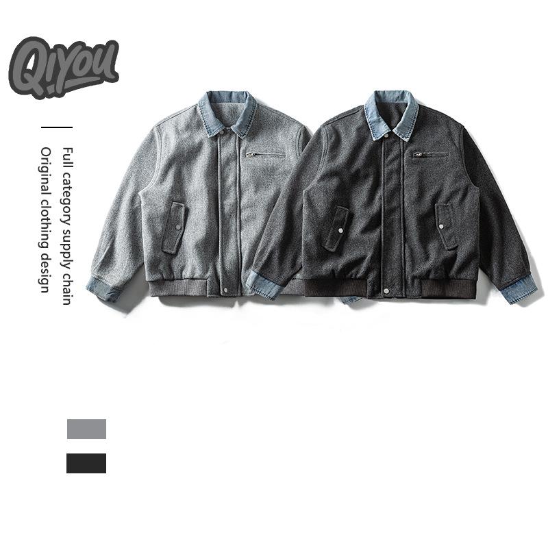 Pánská retro japonská patchwork bunda QIYOU z džínoviny a vlny pro jaro/podzim