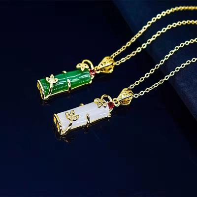 Retro Etnik Stil Güvenli Bambu Kolye Kadın Titanyum Çelik Simülasyon Hetian Yeşimi Trend Zarif Köprücük Kemiği Zinciri