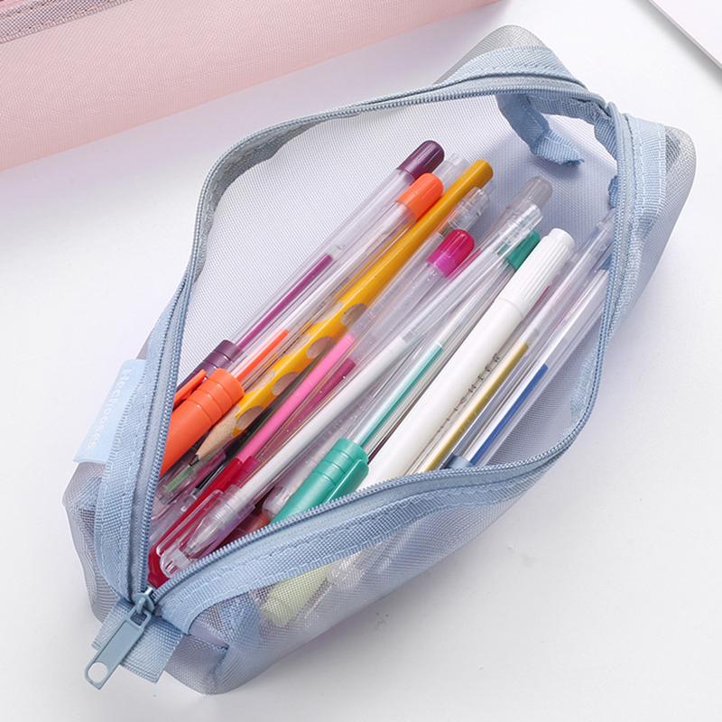 

HE CHOOSES D049 Medium Square Mesh Pencil Bag Nylon Portable Stationery Pouch Grey Blue