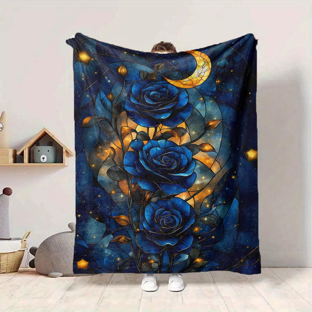 1pc Stained Glass Roses Print Blanket   Lightweight Flannel Throw Blanket For Sofa, Bed, Living Room, Office, Outdoor Travel, Camping