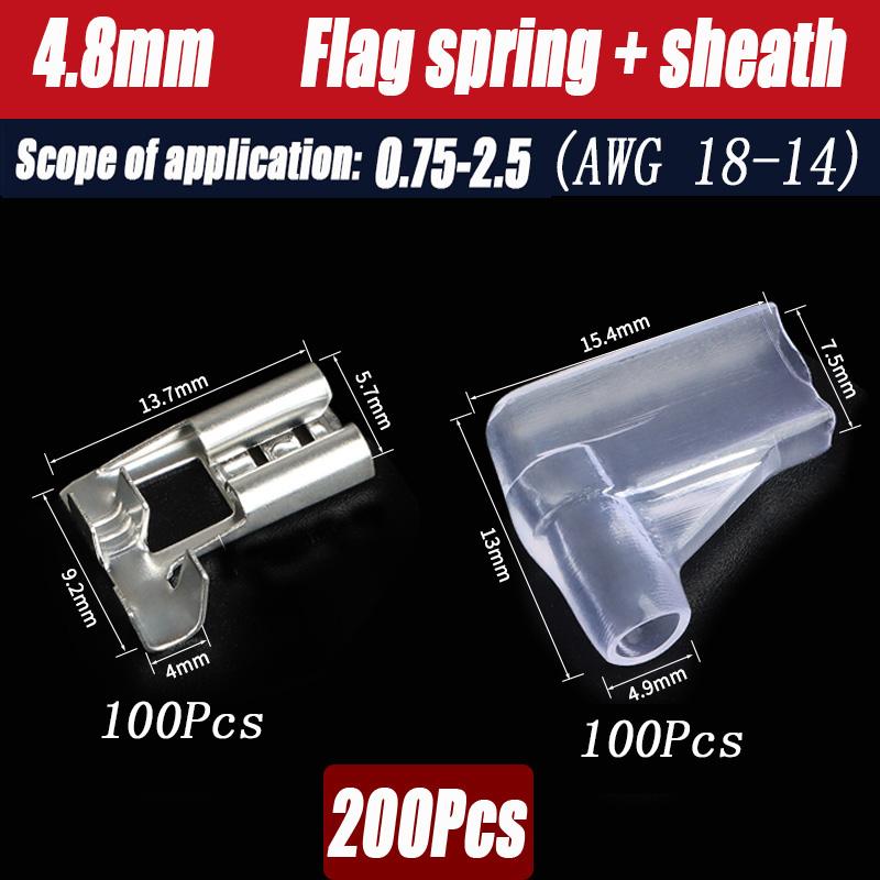200Pcs Copper Female and Male Crimp Terminal Connectors Aautomotive Speaker Cable Flag Connector 2.8/ 4.8/ 6.3mm With Sheathing