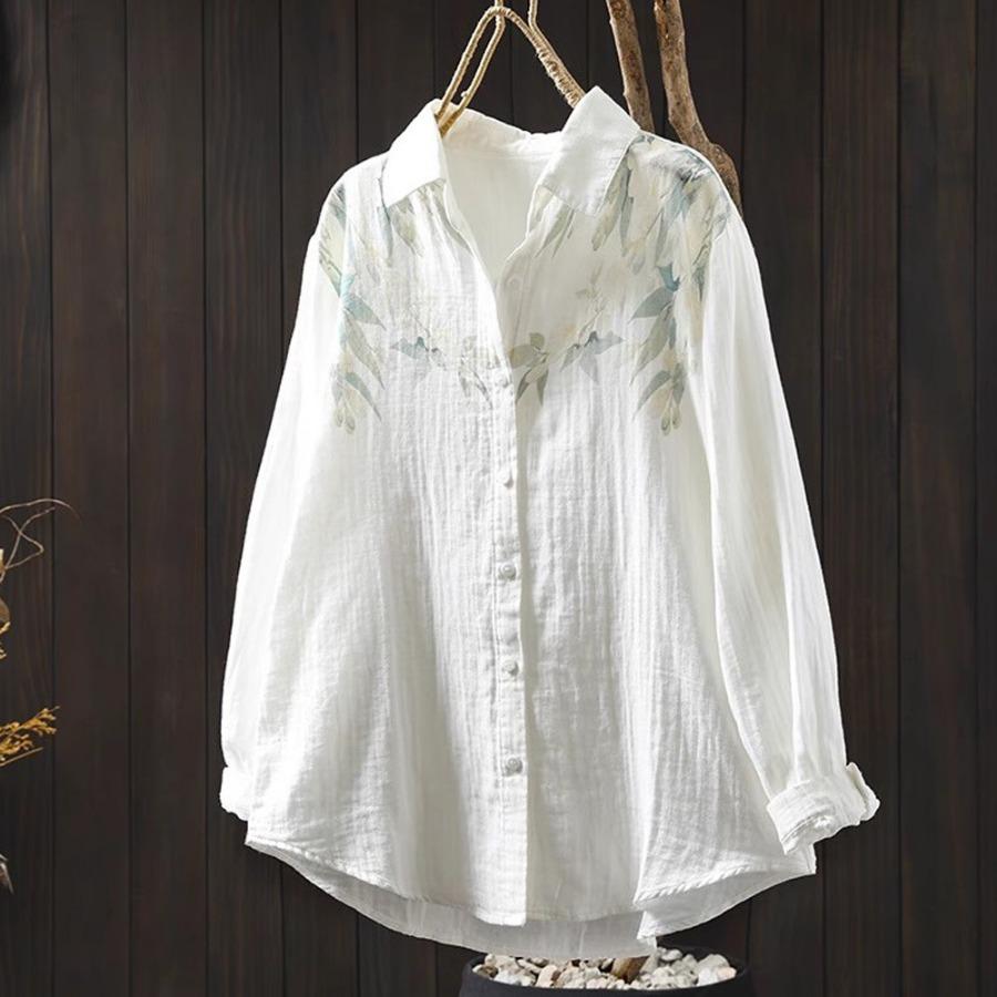 Primavera Otoño Top Blanco Camisas de Hilo de Algodón de Doble Capa Mujer Cuello de Solapa Manga Larga Blusas Estampadas