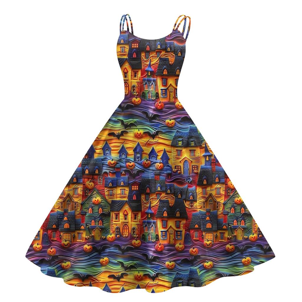 Women's Fashion Casual Halloween Print Sexy Off Shoulder Punk Retro Dress