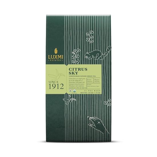 Luxmi Estates Citrus Sky Lemongrass Ginger Green Tea-25 Tea Bags(50g)Pack|Certified Organic Darjeeling Green Tea|Calming Citrus Flavor & Aroma